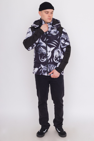 Ripndip Neon Cat Hooded Puffer Jacket in Black with All Over Cat Print